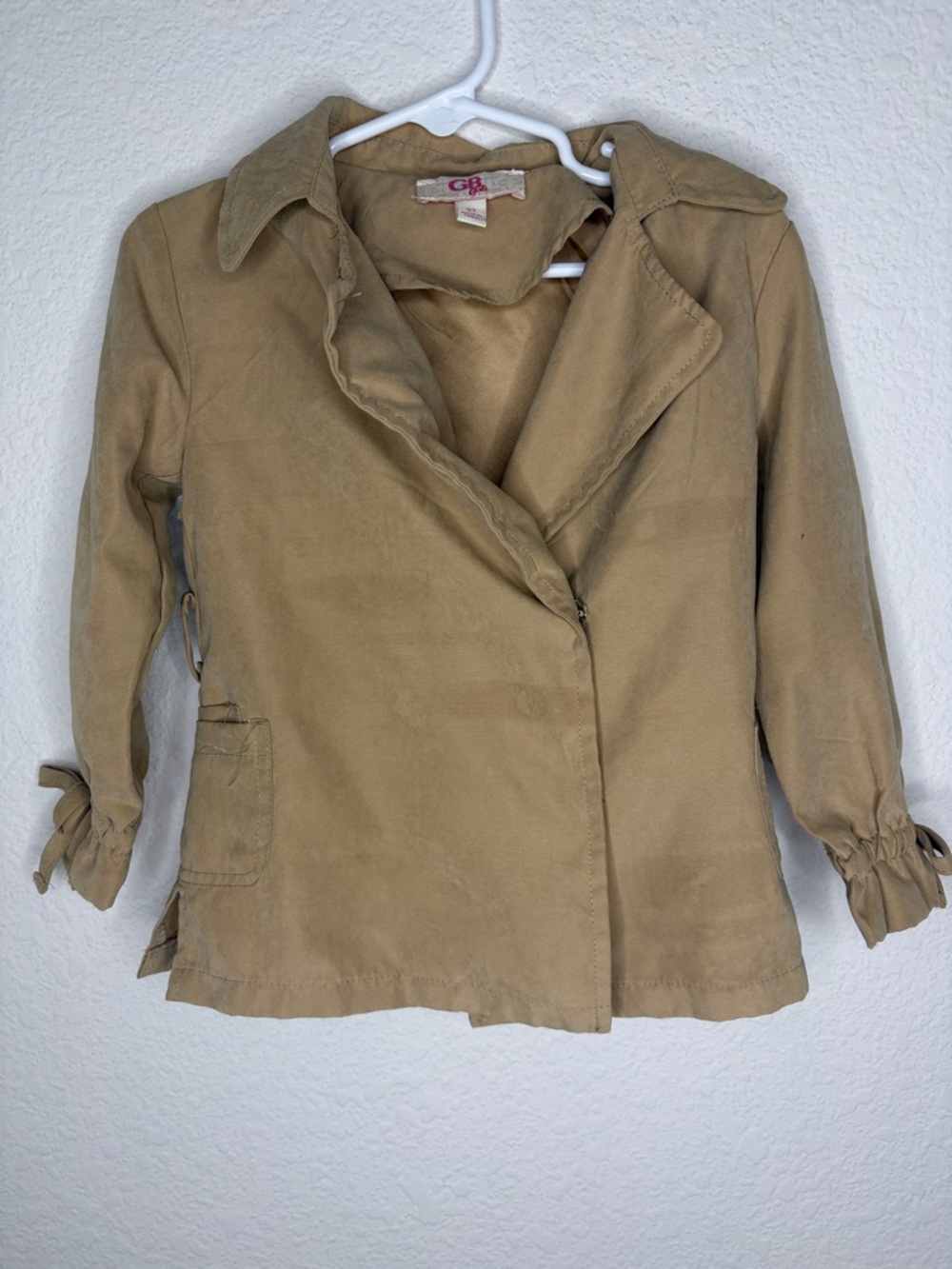 GB girls Tan Trench-Style Tie-Sleeve Jacket euc